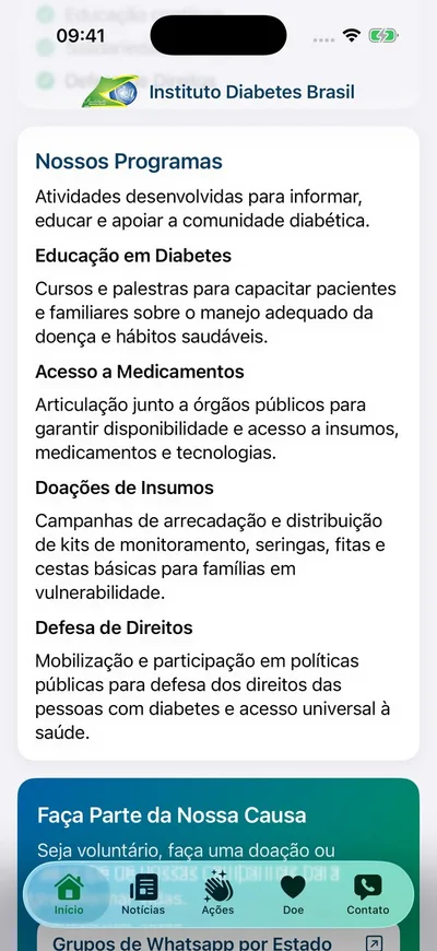 Tela do app do Instituto Diabetes Brasil com a lista de programas