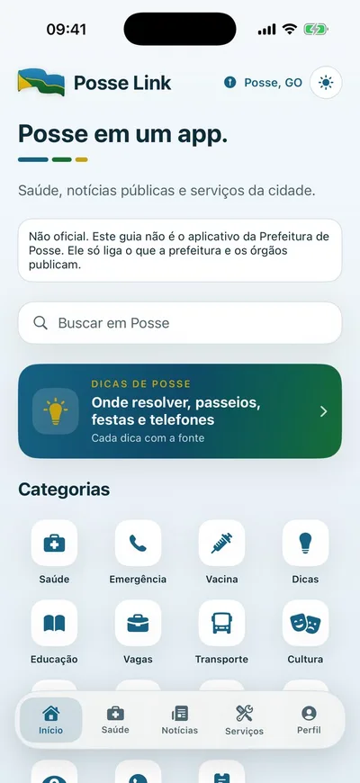 Tela inicial do Posse Link com o aviso de app não oficial