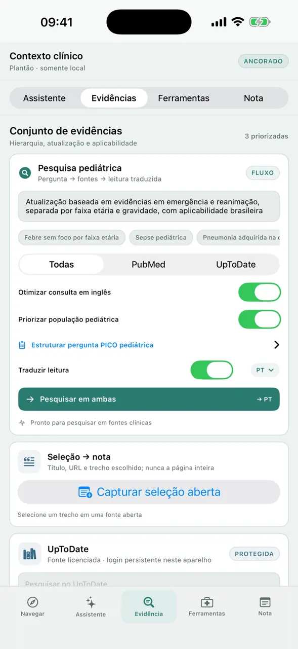 Tela de Evidências do MedLink com pesquisa pediátrica, PICO e leitura traduzida