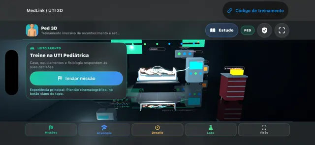 Tela inicial da UTI 3D com o botão Iniciar missão e as abas Missões, Academia, Desafio, Labs e Visão
