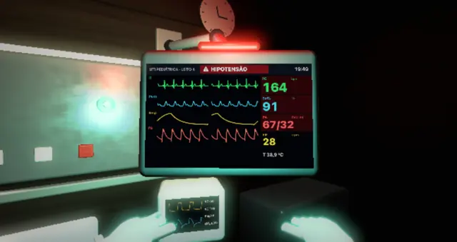 Monitor multiparamétrico 3D com alarme de hipotensão e curvas de ECG, oximetria e pressão invasiva fictícias