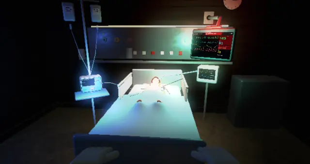 Quarto de UTI pediátrica em 3D, visto do pé do leito, com monitor, bomba de infusão e paciente sintético