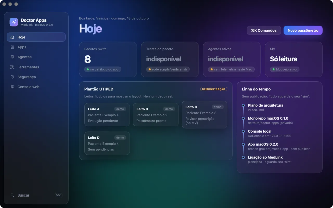 Doctor Apps no Mac: painel Hoje com cartões de status e plantão em demonstração com leitos fictícios